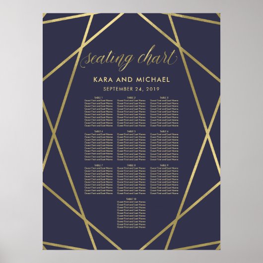 Navy Blue Modern Gold Diamond Seating Chart Poster (Voorkant)