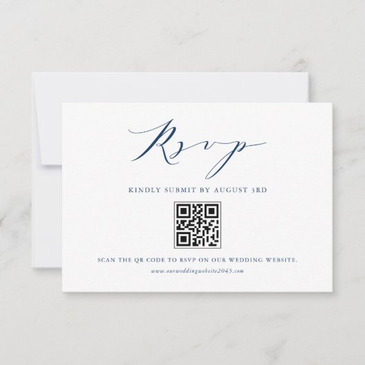Navy Blue Modern Minimalist Script Wedding QR Code RSVP Kaartje (Voorkant)