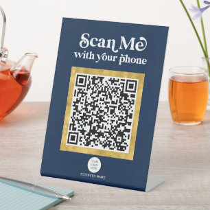 Navy BLue Modern Networking QR-code Reclamebord Met Voetstuk