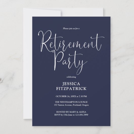 Navy Blue Modern Script Pensioen Partij Kaart (Voorkant)
