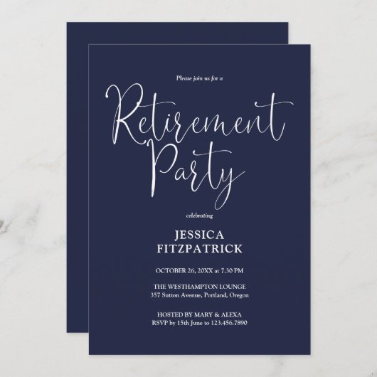 Navy Blue Modern Script Pensioen Partij Kaart (Voorkant / Achterkant)