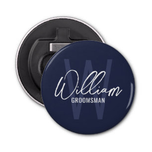 Navy Blue Modern Script Personalized Groomsmen Button Flesopener