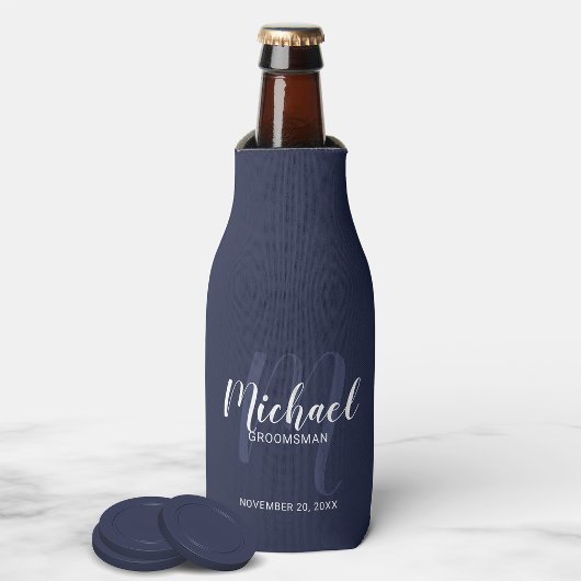 Navy Blue Modern Script Personalized Groomsmen Flesjeskoeler