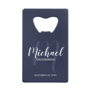 Navy Blue Modern Script Personalized Groomsmen Kredietkaart Flessenopener