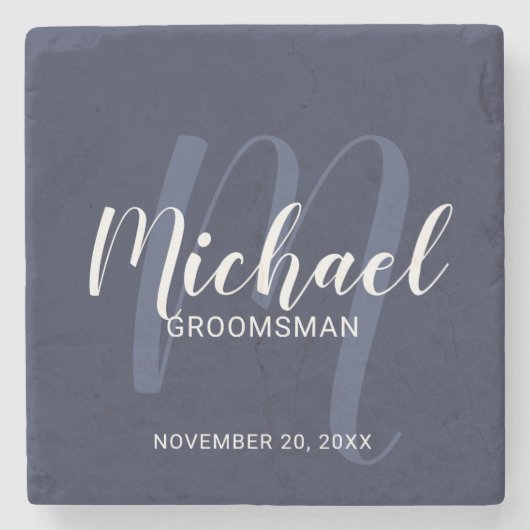 Navy Blue Modern Script Personalized Groomsmen Stenen Onderzetter (Voorkant)