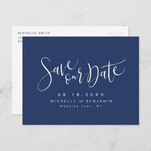 Navy Blue Modern Simple Script Save the Date Aankondigingskaart (Voorkant / Achterkant)