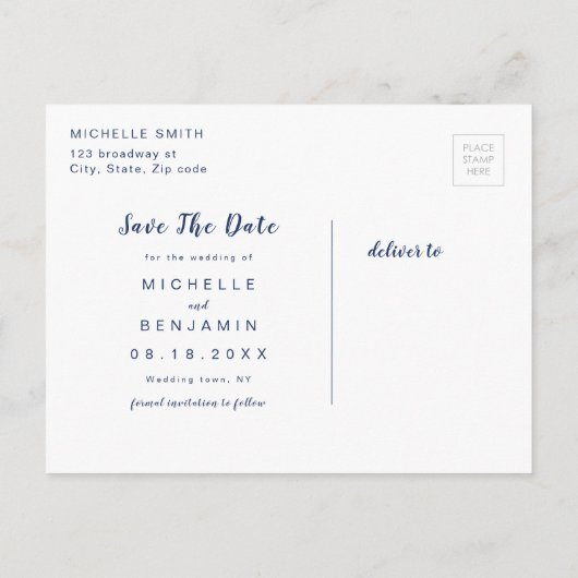 Navy Blue Modern Simple Script Save the Date Aankondigingskaart (Achterkant)