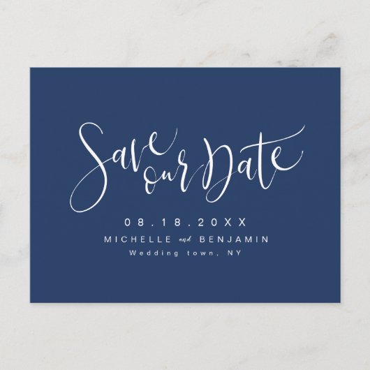 Navy Blue Modern Simple Script Save the Date Aankondigingskaart (Voorkant)