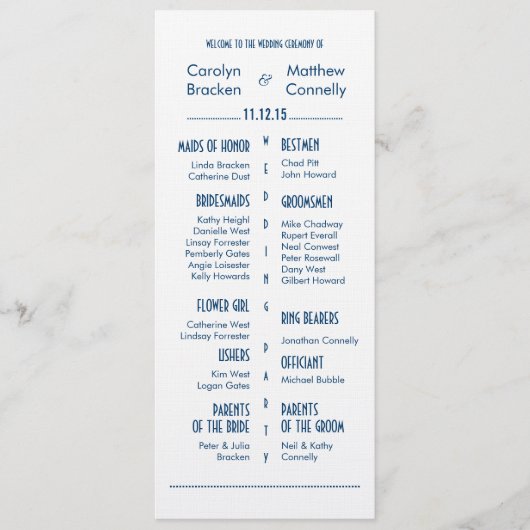Navy Blue Modern Wedding Ceremony Program Programma (Voorkant)