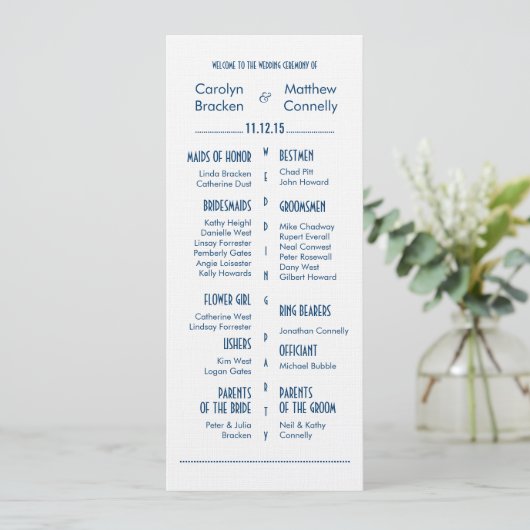 Navy Blue Modern Wedding Ceremony Program Programma (Staand voorkant)