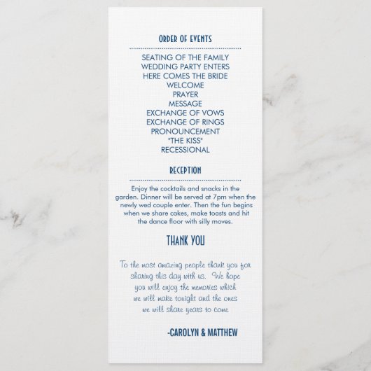 Navy Blue Modern Wedding Ceremony Program Programma (Achterkant)