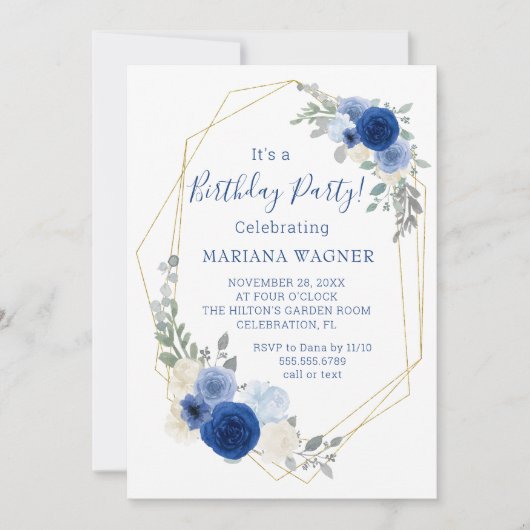 Navy Blue Moderne Floral Invitation de fête d'anni (Devant)