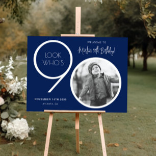 Navy Blue Moderne Foto 90e Verjaardag Welkom Teken Perfect Poster