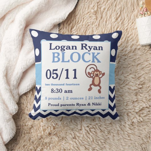 Navy Blue Monkey Baby Announcement Pillow Kussen (Deken)