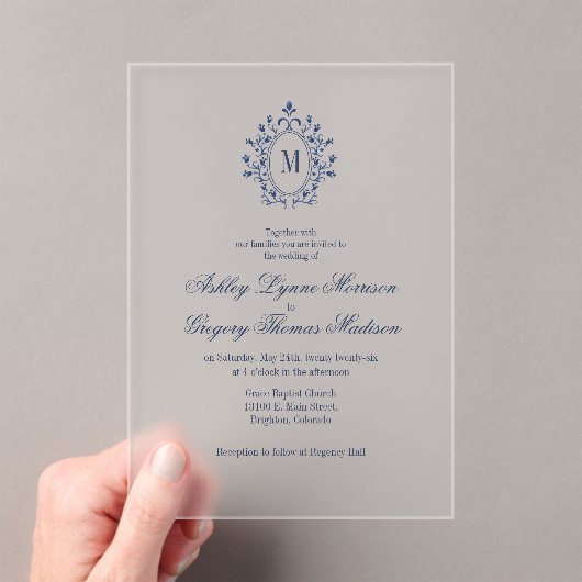 Navy Blue Monogram Acrylic Wedding Invitation (In situ (ordinateur de poche))