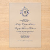 Navy Blue Monogram Acrylic Wedding Invitation Acryl Uitnodigingen (Voorkant)
