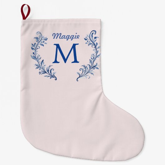 Navy Blue Monogram Crest op Blush Pink Grote Kerstsok (Voorkant)