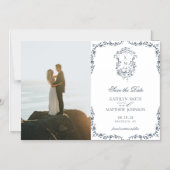 Navy Blue Monogram Crest Sla de datum op Magnetische Uitnodiging (Voorkant)