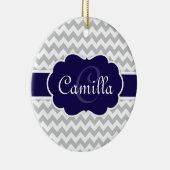 Navy Blue Monogram Gray Chevron Pattern Keramisch Ornament (Rechts)