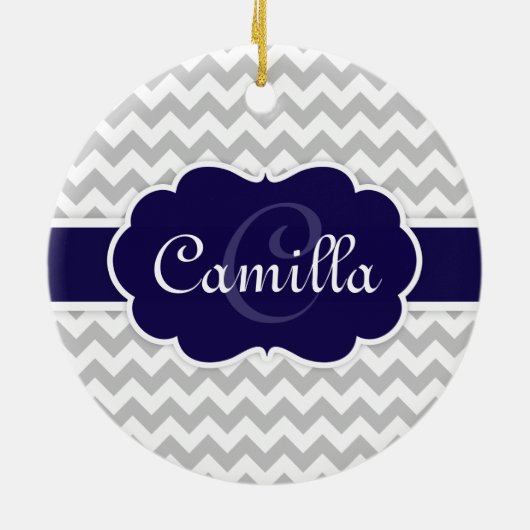Navy Blue Monogram Gray Chevron Pattern Keramisch Ornament (Achterkant)