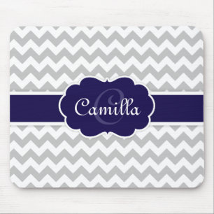 Navy Blue Monogram Gray Chevron Pattern Muismat