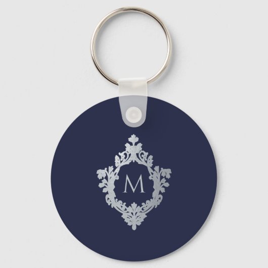 Navy Blue Monogram Initiaal in   Crest Sleutelhanger (Achterkant)