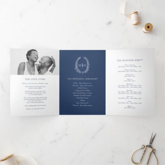 Navy blue monogram met grote verdiepingen bruiloft drieluik programma (Binnen)