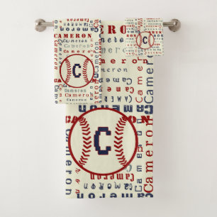 Navy Blue Monogram Naam Gifts for Kids Baseball Bad Handdoek