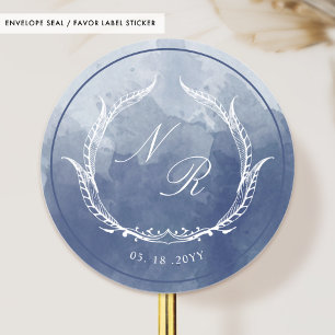 Navy Blue Monogram Waterverf Envelope Seal / Favor Ronde Sticker