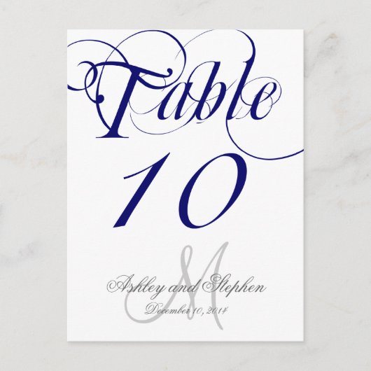 Navy Blue Monogram Wedding Table Number Kaart (Voorkant)