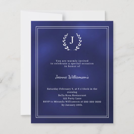 Navy blue monogram wreath age-neutral invitation (Voorkant)