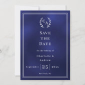 Navy blue monogram wreath wedding save the date (Voorkant)