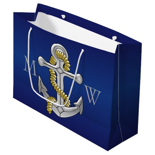 Navy Blue Monogrammed Anchor Large Cadeauzakje (Voorkant Gekanteld)