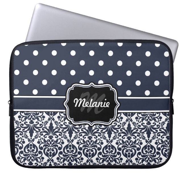 Navy Blue Monogrammed Damask Polka Dot Laptop Sleeve (Voorkant)