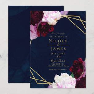 Navy Blue Moody Floral Modern Gold Glam Wedding Kaart