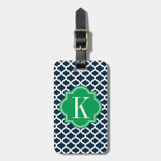 Navy Blue Moroccan Pattern met Green Monogram Bagagelabel (Voorkant verticaal)