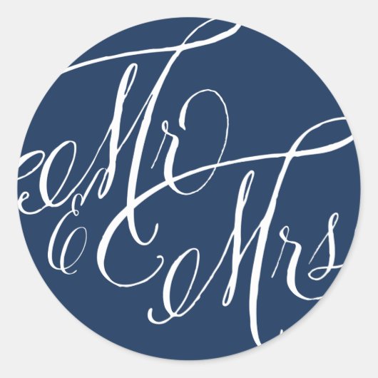 Navy Blue Mr. en Mrs Elegant Script Wedding Ronde Sticker (Voorkant)