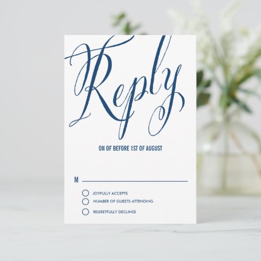 Navy Blue Mr. en Mrs Elegant Script Wedding RSVP I (Staand voorkant)