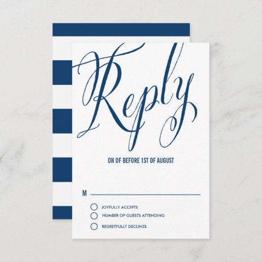 Navy Blue Mr. en Mrs Elegant Script Wedding RSVP I (Voorkant / Achterkant)