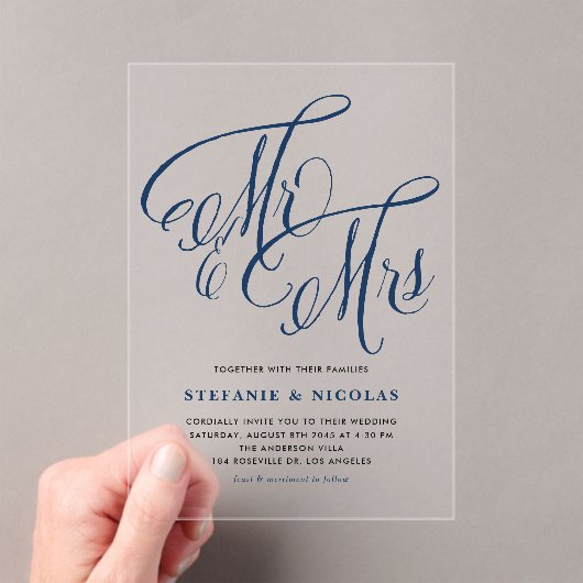Navy Blue Mr. en Mrs. Rustic Calligraphy Trouwen Acryl Uitnodigingen (Insitu (Draagbaar))