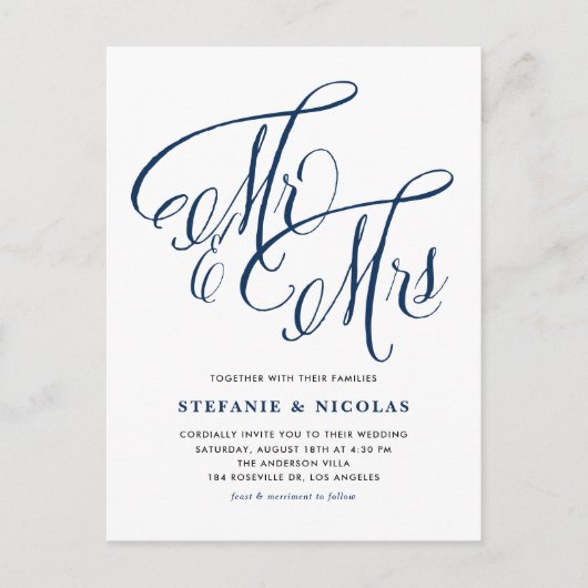 Navy Blue Mr. en Mrs. Rustic Calligraphy Trouwen Uitnodiging Briefkaart (Voorkant)