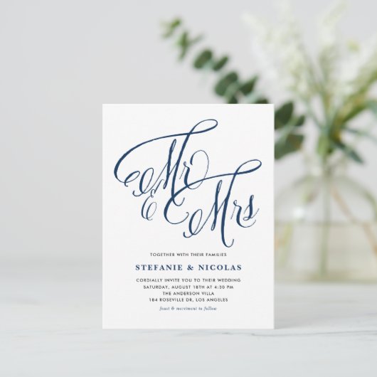Navy Blue Mr. en Mrs. Rustic Calligraphy Trouwen Uitnodiging Briefkaart (Staand voorkant)
