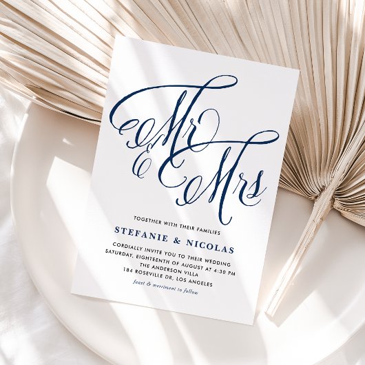 Navy Blue Mr en Mrs Rustic Script QR Code Wedding Uitnodiging Briefkaart