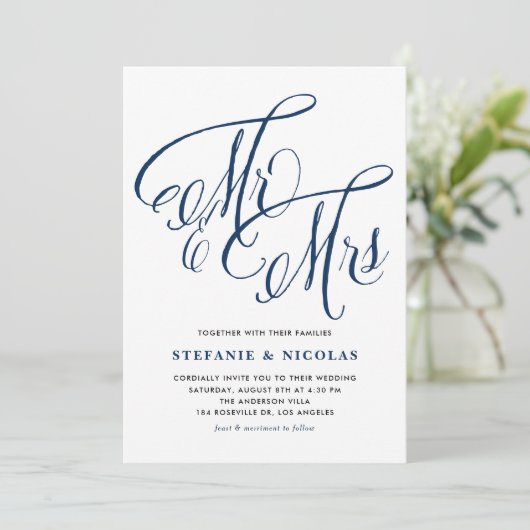 Navy Blue Mrs. en Mrs. Rustic Script Wedding Kaart (Staand voorkant)