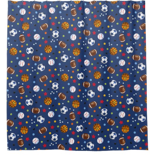 Navy Blue Multi-sportwallen bedrukte doucheknop Douchegordijn (Voorkant)