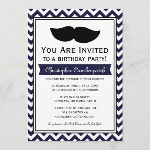 Navy Blue Mustache Chevron Birthday Party Kaart