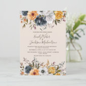 Navy Blue Mustard Yellow Floral Greenery Wedding Kaart (Staand voorkant)