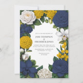 Navy Blue, Mustard Yellow & White Floral Wedding Kaart (Voorkant)