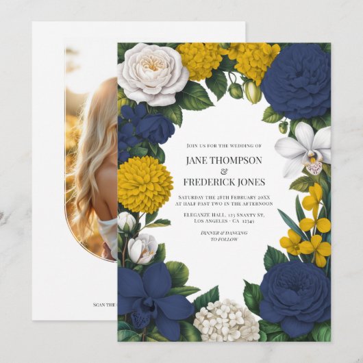 Navy Blue, Mustard Yellow & White Floral Wedding Kaart (Voorkant / Achterkant)