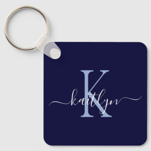 Navy Blue Naam Initiaal Monogram Sleutelhanger
